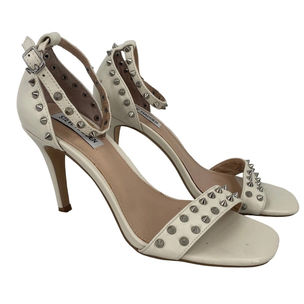 Steve Madden Lavali Studded Heels Sandals Women White Silver Strappy Shoes 8.5